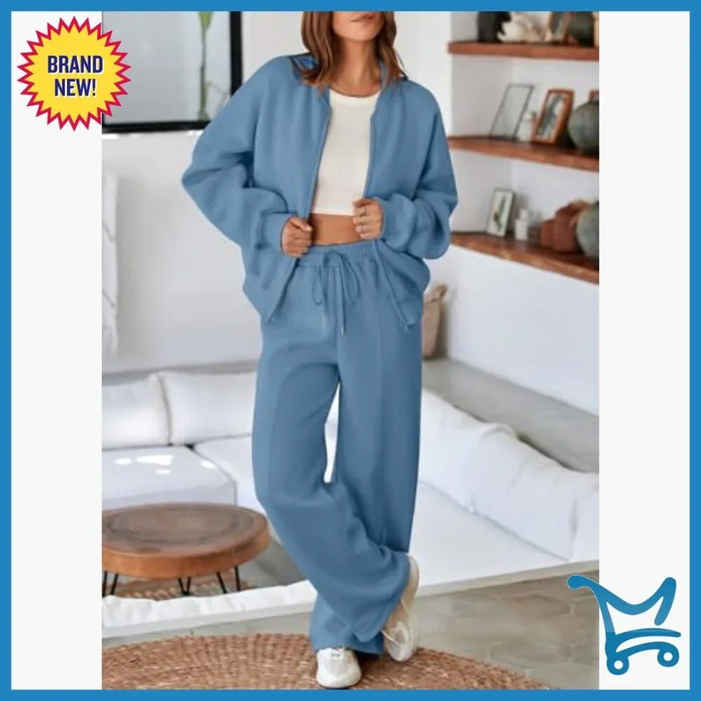 Oversized Fleece Sweatsuit Set Zip Up Hoodie Wide Leg Joggers